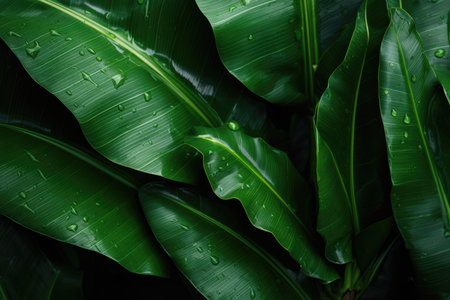 Banana leaves close-up on a dark backgroundの素材