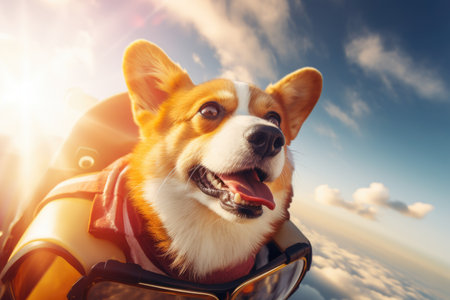 A corgi dog is flying in an airplane with a backpack, skydivingの素材