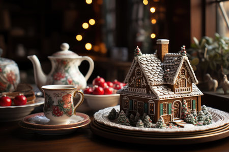 Gingerbread house on a festive table with a cup of teaの素材