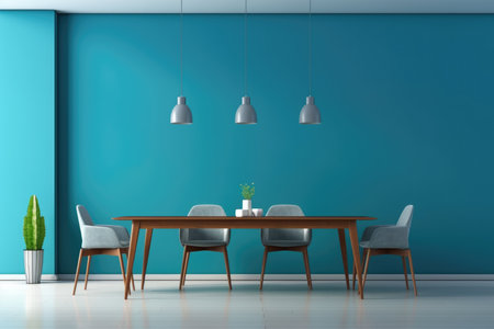 Modern dining room interior with blue walls on the background. Indoor plants near the dining tableの素材