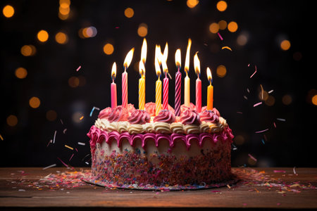 Birthday cake with cream and candles on the background of bokeh lightsの素材