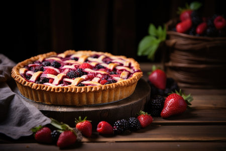 Open pie with strawberries, raspberries and blackberriesの素材