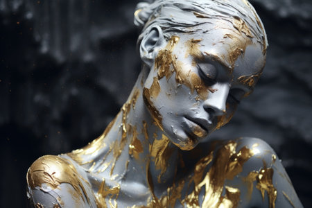 Plaster sculpture of a female face with closed eyes with gold and silver paintの素材