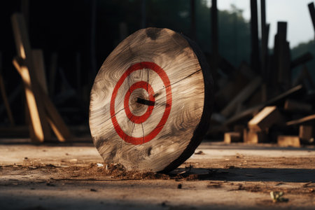 Wooden board with a red target for throwing an ax and playing dartsの素材