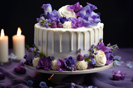 Bouquet pastries, white iced cake with purple flowersの素材