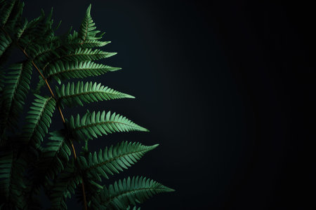 Green fern leaves on a dark background. place for textの素材
