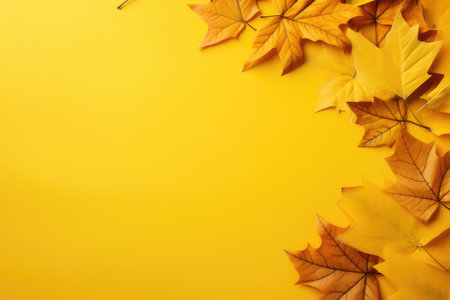 Autumn leaves on a yellow table top view with space for textの素材