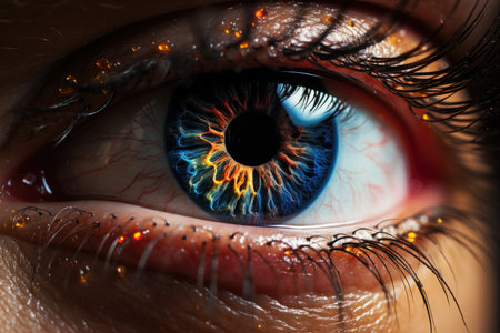 Large portrait of a female human eye with colored contact lenses and makeupの素材