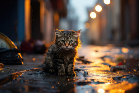 A stray kitten is sitting in the rain on the street near the trashの素材
