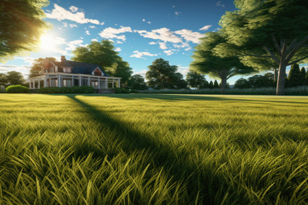 Green mown lawn on the background of a house in summerの素材