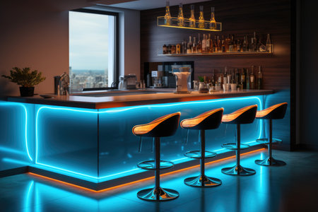 Modern kitchen with a bar counter and neon lighting with high chairsの素材
