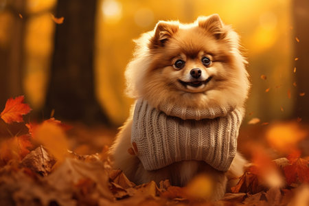 A Pomeranian dog is sitting in an autumn forest in a warm sweaterの素材