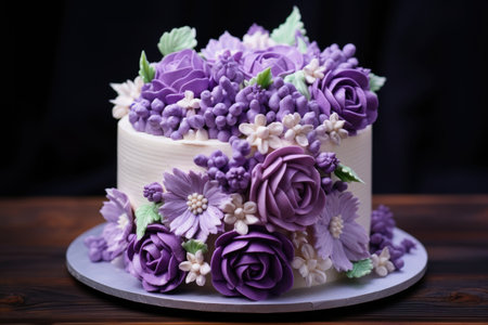 Bouquet pastries, white iced cake with purple flowersの素材
