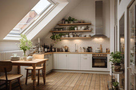 A small white kitchen with a dining table in the atticの素材