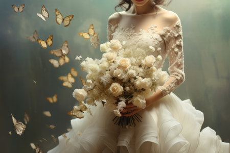 The bride in a lace dress holds in her hands a delicate bouquet of roses with butterflies. Butterflies fly near the brideの素材