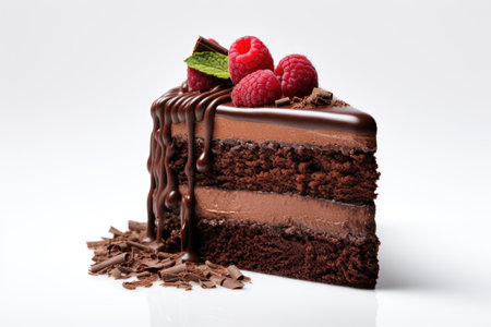 A piece of chocolate cake with raspberries, isolated on a white backgroundの素材