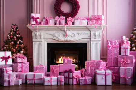 Interior of a room with a fireplace, pink gift boxes and a Christmas treeの素材
