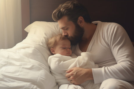 Dad puts the baby to bed, kisses him before going to bed in a white bedの素材