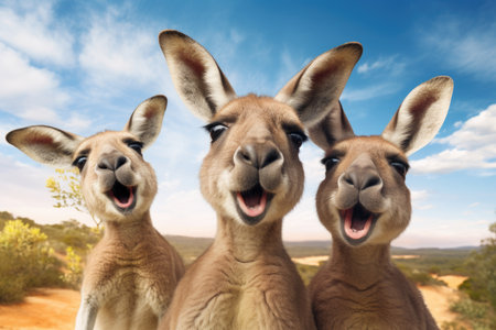 Three kangaroos take a selfie against the skyの素材