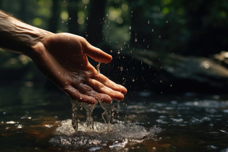 A man's hand touches clean sea waterの素材