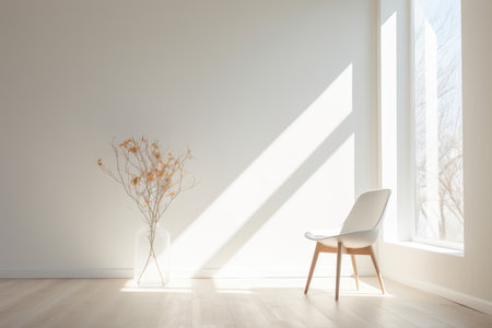 A white chair stands in a white room near the window. Flower in a vase, floor lampの素材