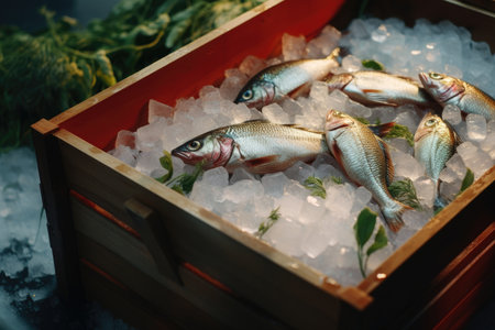 Wooden box with freshly caught fish with iceの素材