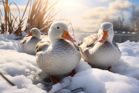 White ducks stand in the snow near the pond in winterの素材