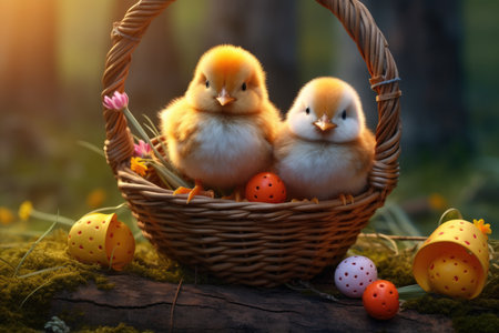 Three little chickens are sitting in a basket with Easter eggs and hayの素材