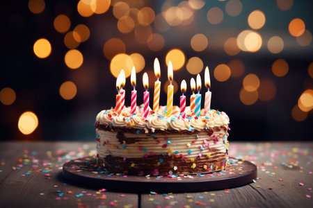 Birthday cake with candles on the background of bokeh lightsの素材