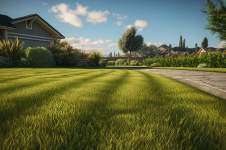 Green mown lawn on the background of a house in summerの素材