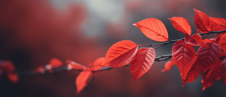 Banner with autumn red and orange leaves on a branch in the forestの素材