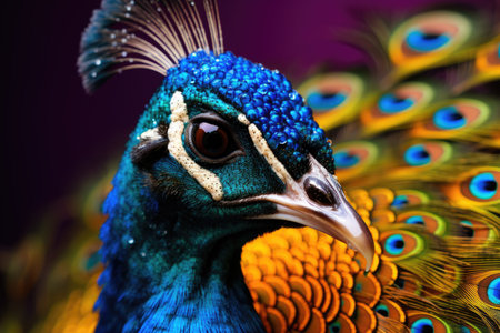 Portrait of a peacock in close-up with a tailの素材