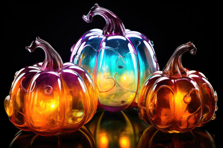 Colored glass pumpkins on a black backgroundの素材
