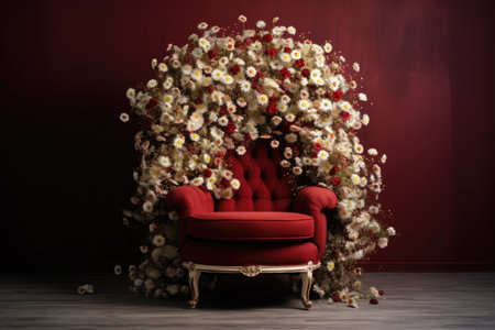 A burgundy armchair in wildflowers and daisies stands in the studioの素材