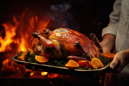Fried chicken with orange on Christmas Eve on a tray is held by a manの素材
