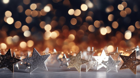 Banner with a garland of shiny stars made of silver paper, Christmas background with bokeh lightsの素材