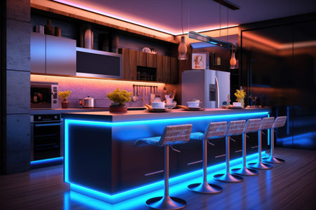 Modern kitchen with a bar counter and neon lighting with high chairsの素材