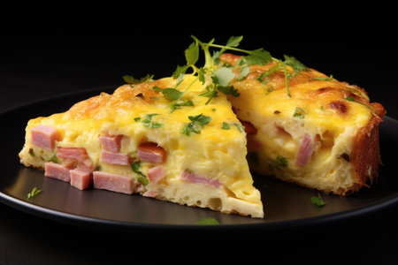 A portion of frittata with ham on a plateの素材