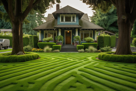 Green mown lawn on the background of a house in summerの素材