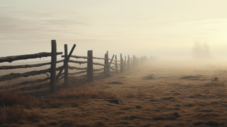 An old broken fence on a field with fogの素材