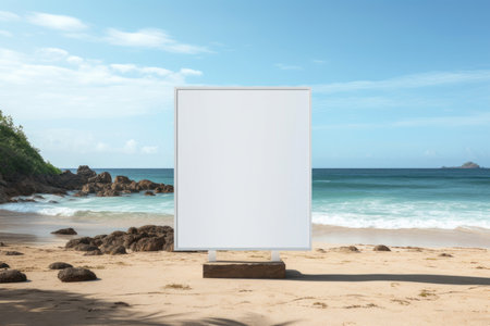 A billboard with a place for the text stands on the beach of the seashore on the sand.の素材