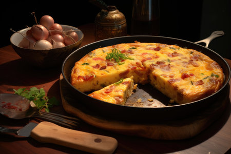 Omelet with ham and herbs in a frying pan, rustic breakfastの素材