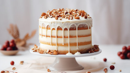 Layered vanilla cake with nuts and icingの素材