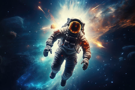 A man is flying in outer space in a spacesuit against the background of an explosionの素材