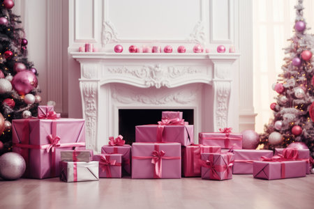 Interior of a room with a fireplace, pink gift boxes and a Christmas treeの素材