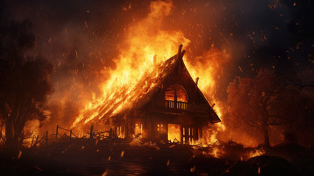 A wooden house or barn burning at night on fire, a house on fireの素材