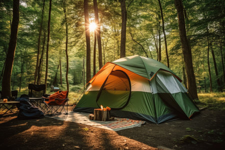 Camping with tents in the forest with a bonfireの素材