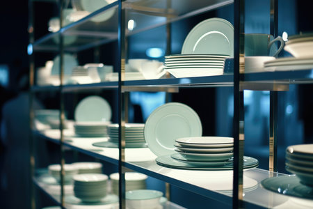 A set of white glass plates on a shop windowの素材