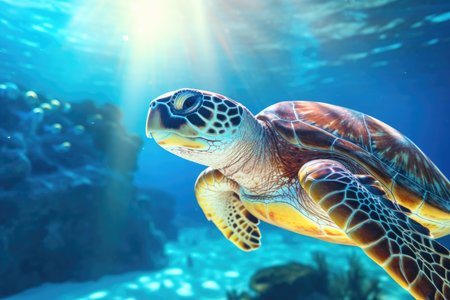 Close-up of a green sea turtle swimming underwater, underwater worldの素材