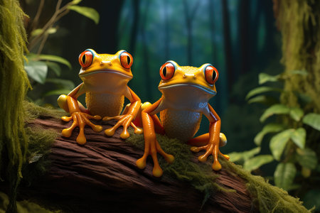Two tree frogs are sitting on a tree on a dark backgroundの素材